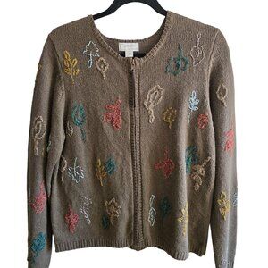 Embroidered Chocolate Brown Cardigan Large Fall Leaves Cottagecore Rustic New